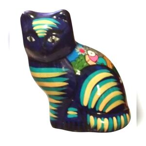 Mexican Folk Art Cat Figurine Talavera Style Hand Painted Pottery Blue